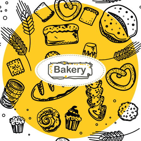 Seamless pattern. Hand drawn doodle bakery products and pastries. Background for wrapping paper and textile. bakery logoのイラスト素材