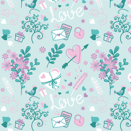 Saint Valentine's day seamless pattern. Love letters, gifts, love lettering, hearts. Ready for fabrics and wrapping paper.のイラスト素材