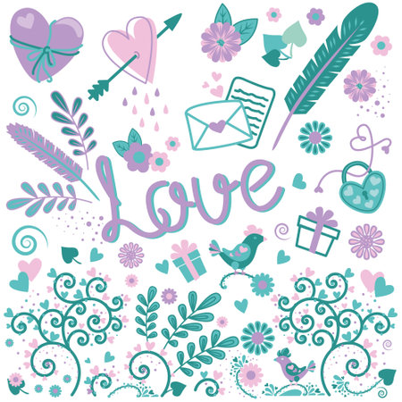 Saint Valentine's day vector set. All elements are isolated, flowers, love letters, presents, love lettering, hearts.のイラスト素材