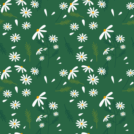 Beautiful daisy chamomile floral seamless pattern for fabric textile print and wrapping paper. green background.のイラスト素材