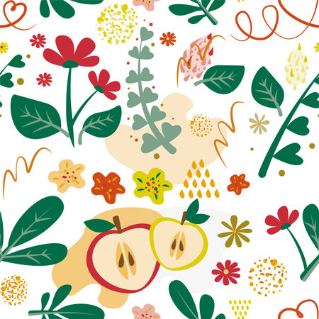Seamless pattern of hand drawn various apples and flowers. Abstract contemporary trendy background.のイラスト素材