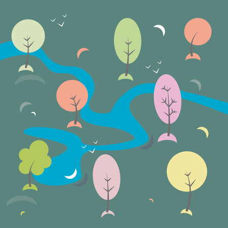 Cute summer landscape. Bright colored trees and river. simple forms. vector illustration.のイラスト素材