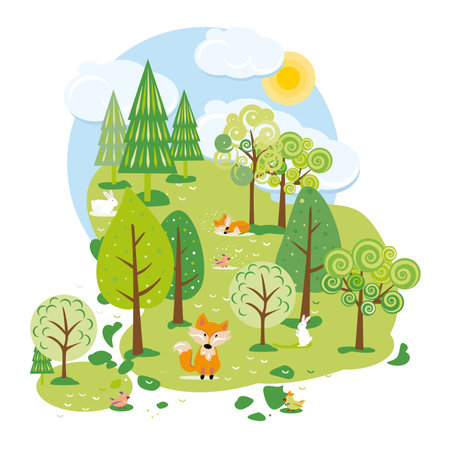 Cute fox and rabbit sleeping and running in park with trees in summer. Sunny weather. Summer forest with cute animals and birds.のイラスト素材