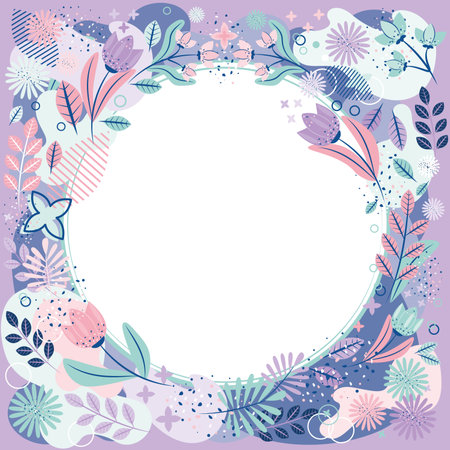 Floral circle frame. Template for wedding invitation card. Beautiful simple flowers, vector illustration. Floral elements for gift cards and web banners.のイラスト素材