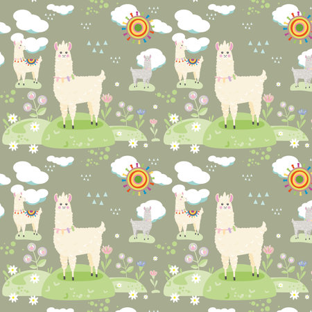 Seamless pattern. Cute llamas or alpacas with colorful spring flowers hand drawn vector illustration. Kids design and fabrics.のイラスト素材