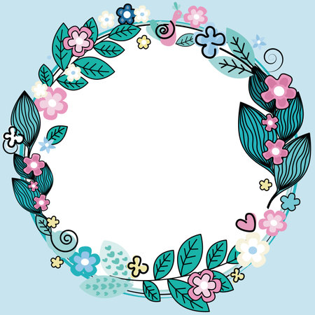 Floral wreath with flowers and leaves on a light blue backgroundのイラスト素材