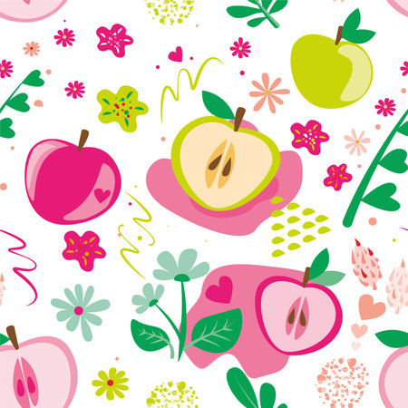 Seamless pattern with apples, flowers and hearts. vector illustration.のイラスト素材