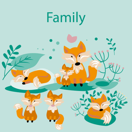 Cute fox family vector illustration. Cute little fox family.のイラスト素材