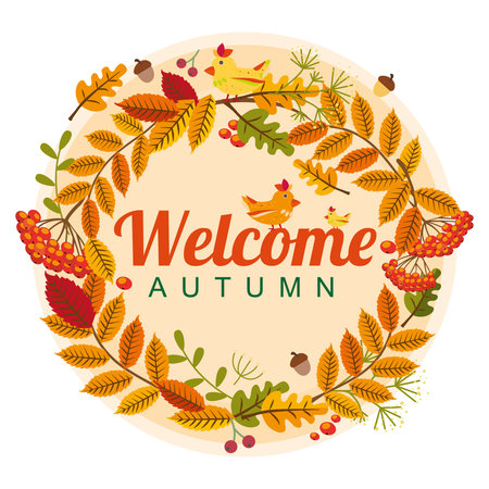 Autumn wreath with leaves, berries and acorns. vector illustrationのイラスト素材