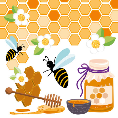 Honey beekeep icon set with honeycomb, honeybee - bee insects, honey jar, drop, syrup toast. Vector illustrations isolated on white background. organic food design conceptのイラスト素材
