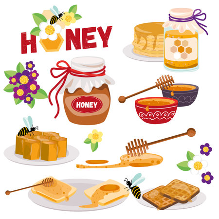Honey beekeep icon set with honeycomb, honeybee - bee insects, honey jar, drop, syrup toast. Vector illustrations isolated on white background. organic food design conceptのイラスト素材