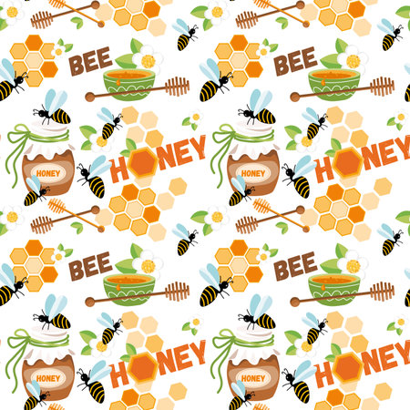 Bee and honeycomb vector seamless pattern.のイラスト素材