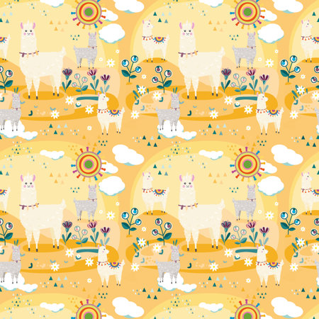 Seamless pattern with cute alpaca, sun, clouds and flowers.のイラスト素材
