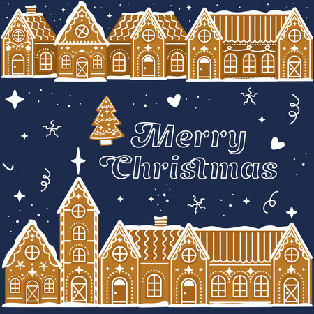 Merry Christmas and Happy New Year greeting card with gingerbread houses. vector illustration.のイラスト素材