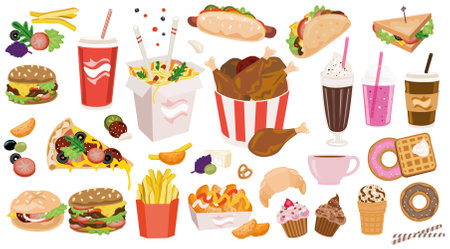 Fast food icons set. Cartoon illustration of fast food vector icons for web designのイラスト素材