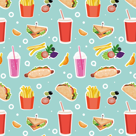 Fast food seamless pattern with fast food and drinks. vector illustration.のイラスト素材