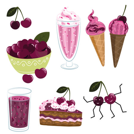 Set of different types of milkshakes with cherries. vector illustration.のイラスト素材