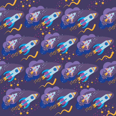 Seamless pattern with rockets and stars on purple background. vector illustration.のイラスト素材