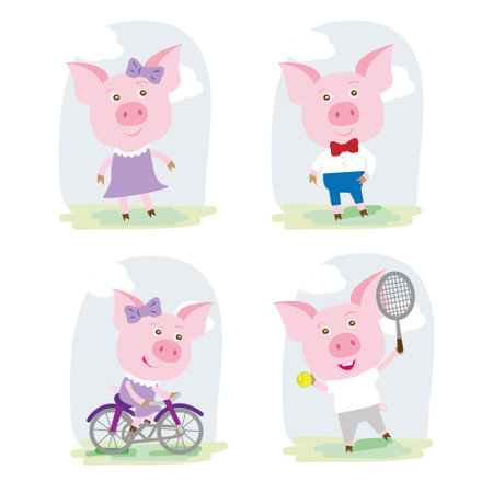 Set of cute cartoon pig characters with different activities. vector illustration.のイラスト素材
