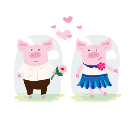 Cute pig couple in love. Vector illustration in cartoon style.のイラスト素材