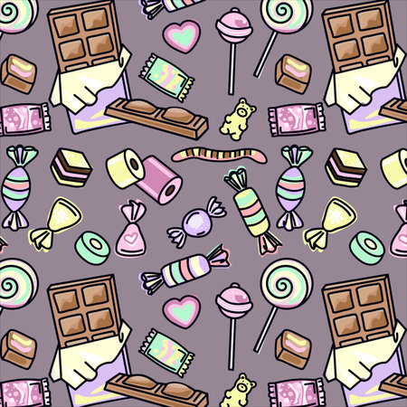 Sweets and candies seamless pattern. Hand drawn vector illustration.のイラスト素材