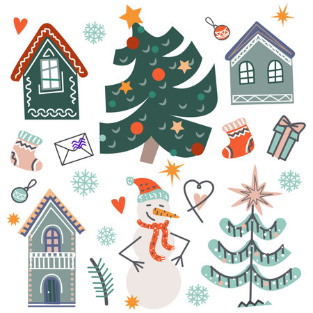 Set of Christmas and New Year hand drawn doodles. Vector illustration.のイラスト素材