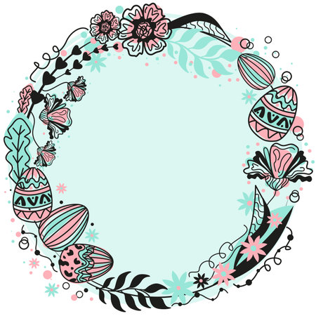 Easter wreath with eggs, flowers and leaves. Vector illustration.のイラスト素材
