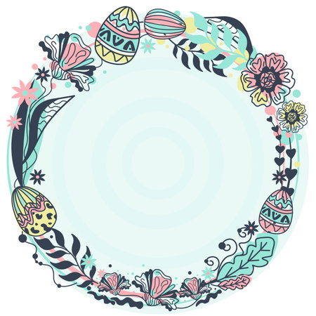 Easter wreath with flowers, eggs and butterflies. Vector illustration.のイラスト素材