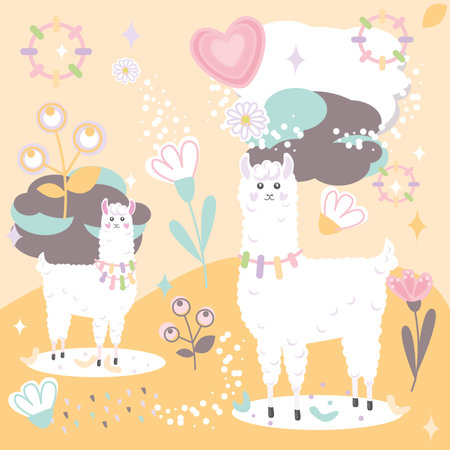Cute vector card with cute llama, flowers and hearts.のイラスト素材