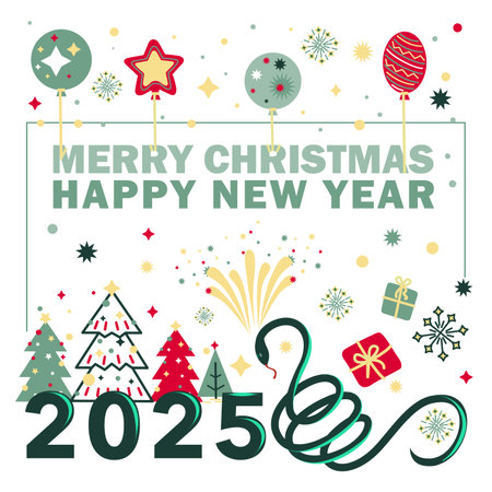 Merry Christmas and Happy New Year 2025 Greeting Card. Vector Illustrationのイラスト素材