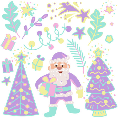 Vector illustration of Santa Claus with a gift in his hands and Christmas tree.のイラスト素材