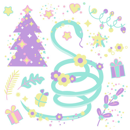 Vector illustration of a snake, Christmas tree, flowers and gifts.のイラスト素材