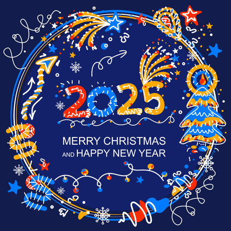 Merry Christmas and Happy New Year 2025 greeting card. Vector illustration.のイラスト素材