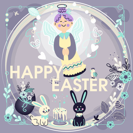 Happy Easter greeting card with cute little angel, bunny, eggs and flowersのイラスト素材