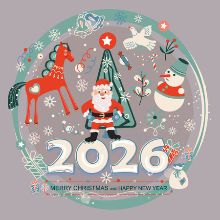 Merry Christmas and Happy New Year greeting card. Vector illustration.のイラスト素材