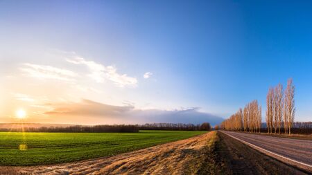 panorama of the road at sunset. the sun's rays illuminate the green field in spring . the panorama of the countryside.の写真素材