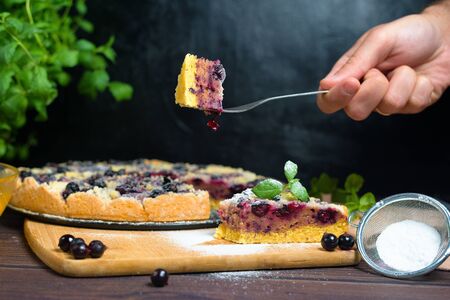pie with black currant and shortbread, fresh berries. the pie is cut into pieces and the top is sprinkled with powdered sugar . close-up of a piece in the pie section.の写真素材