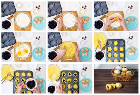step by step recipe for muffins with black currants . preparing the dough, mixing the ingredients of flour, butter, sugar, eggs, vanilla, currant. the view from the top . cupcakes with currant filling.の写真素材