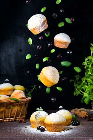 flying cupcakes with mint leaves and black currants in powdered sugar on a black background, a wooden basket with cupcakes and black currants . levitation of pancakes and muffins.の写真素材