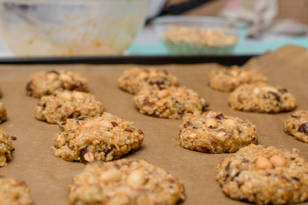 homemade oatmeal cookies with dates, peanuts , coconut shavings on a baking tray, close-up. the view from the top.の写真素材