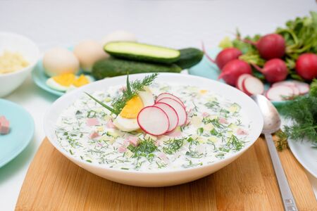 recipe of Russian national cold okroshka soup in a white plate on a light background. top view on a light background.の写真素材