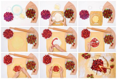step by step recipe the process of making galetta with strawberries at home, top view on a light background, ingredients for strawberry pie.の写真素材
