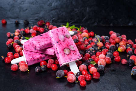 natural organic sorbet four ice cream on a stick with black currant and red berries around. cold milk fruit dessert in summer. top view on a dark background.の写真素材