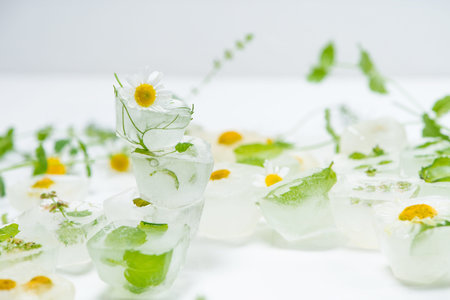 cosmetic ice cubes with chamomile and mint for home care applies to the face. The concept of skin...