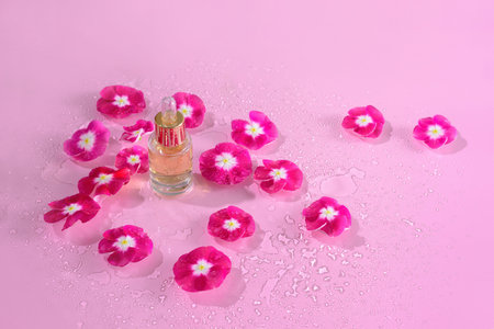 glass bottle of cosmetics serum with pipette, facial essence on a floral pink background with water drops. organic product with herbal extract, flower oil, the concept of self-care at home.の写真素材