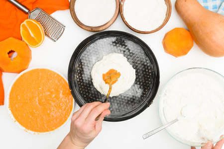 step-by-step recipe for pumpkin curd casserole in the shape of a zebra, autumn pie with orange. ingredients for pumpkin pie top view. place alternately in a baking dishの写真素材