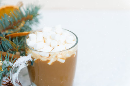christmas composition cocoa glass glass with marshmallow side garlands snow fir branches.