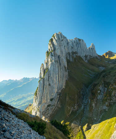 Saxer gap in the Alpstein mountains, blue sky,の写真素材