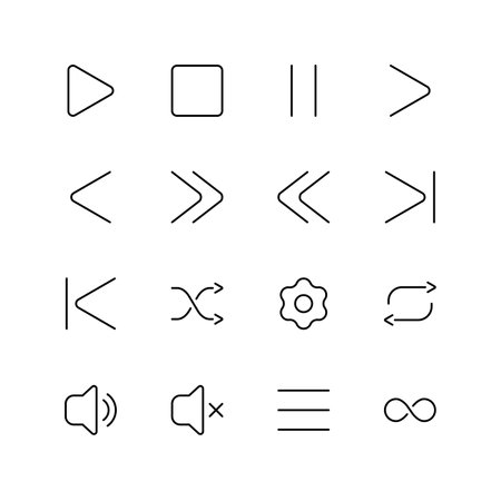 Media player vector set of icons in lines. Interface icons, media, music, design media player buttons collection.のイラスト素材