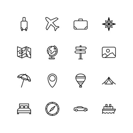 Set of 16 travel vector thin line icons, collection of travel vector buttons illustration.のイラスト素材